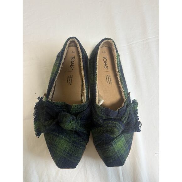 TOMS Alpargata Leather Wrap Slip On Shoes Size 8 Galapagos Green Plaid Bow - Picture 2 of 6